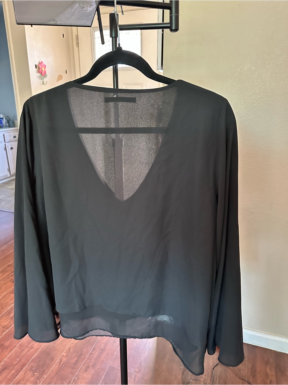 Zara Black V-Neck Long Sleeve Sheer Blouse